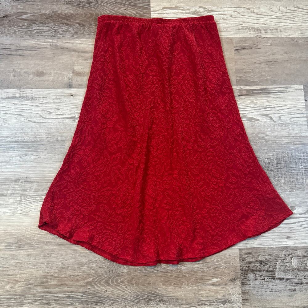 URU Red Textured Silk Floral Jacquard Midi Skirt Art to Wear Lagenlook USA Small